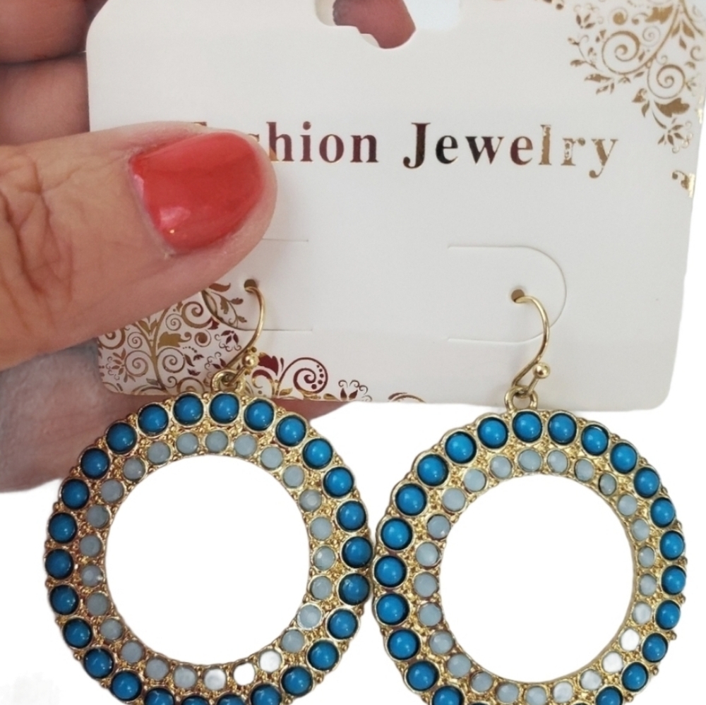 Gold Blue Hoop Bohemian Earrings *